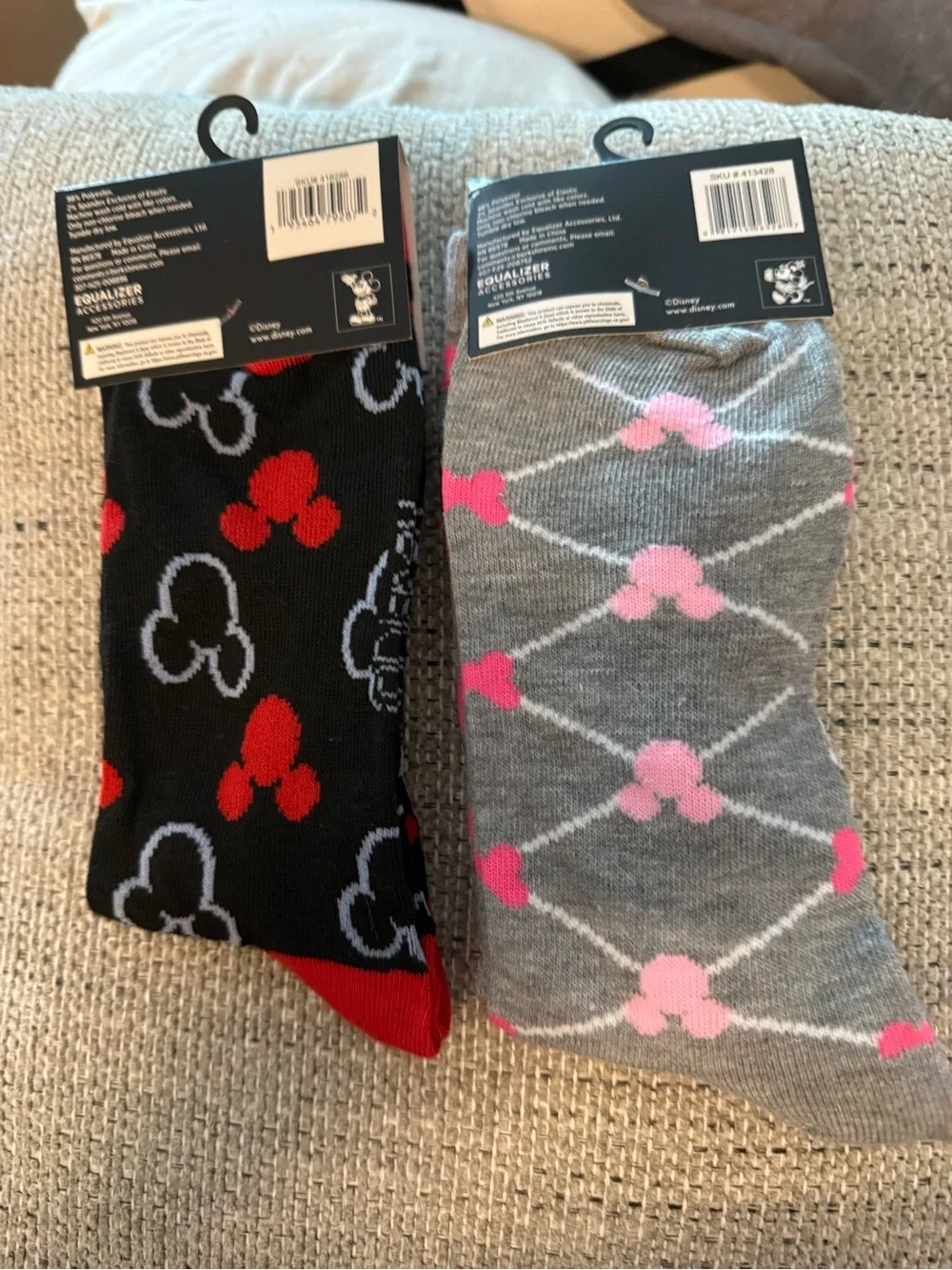 Disney Crew Socks — Black, Gray, Red & Pink Mickey Pattern